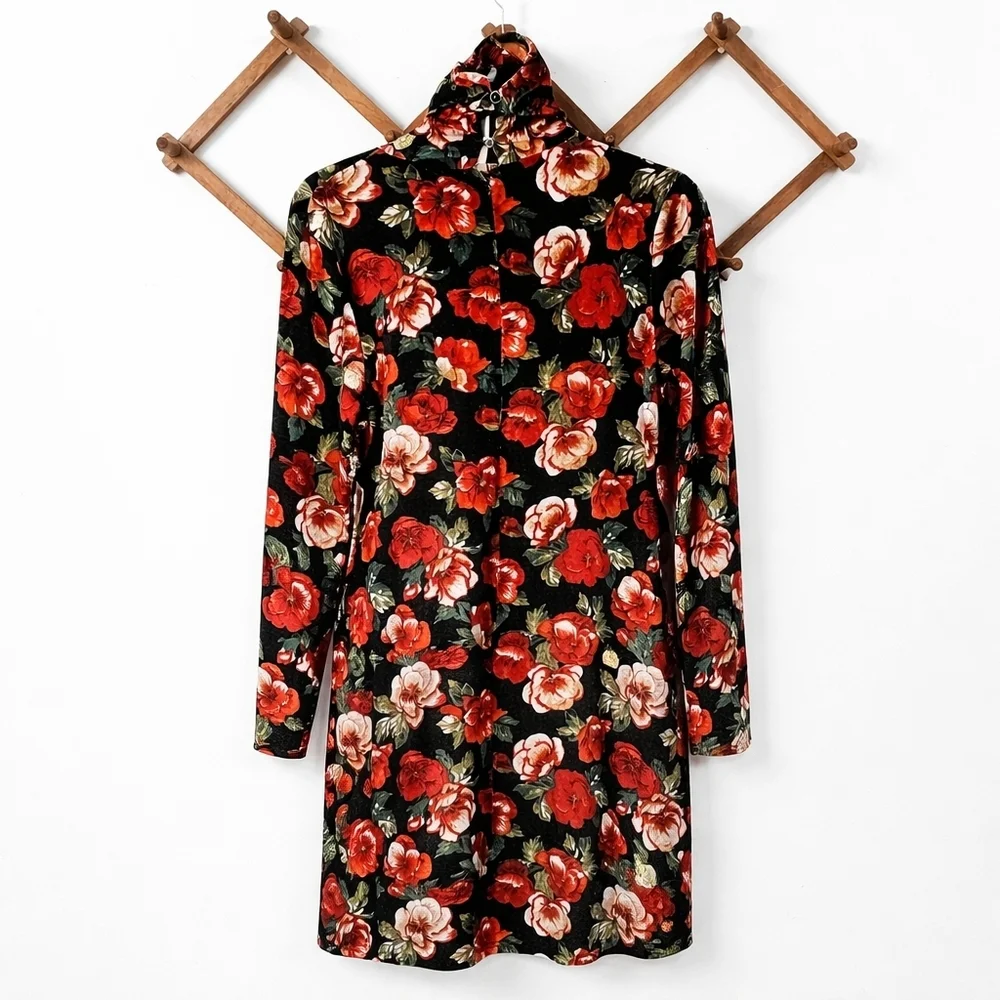 Dark Floral Velvet Mini Black w/ Multicolor Floral Design Dress Sz 14 Turtleneck